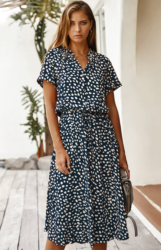 BerryBetty - Women's Polka Dot Short Sleeve Shirt Collar Dress