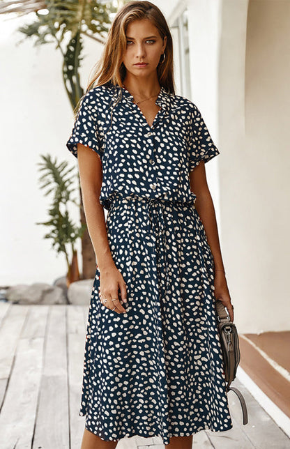 BerryBetty - Women's Polka Dot Short Sleeve Shirt Collar Dress