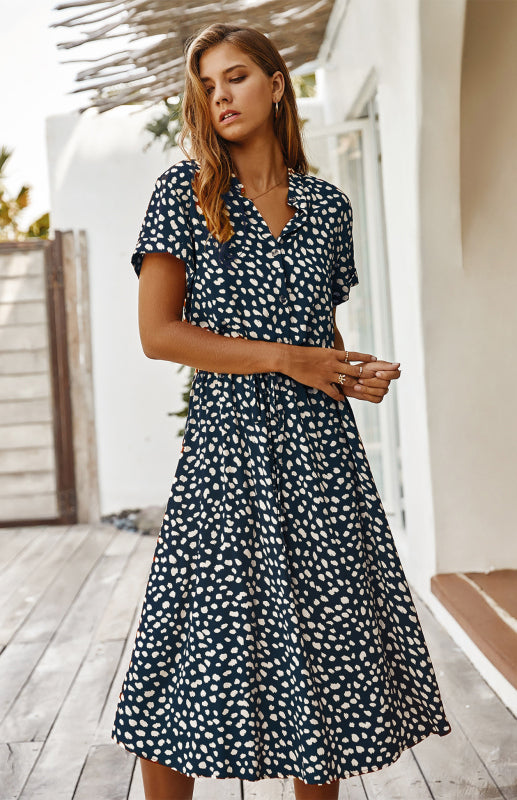 BerryBetty - Women's Polka Dot Short Sleeve Shirt Collar Dress
