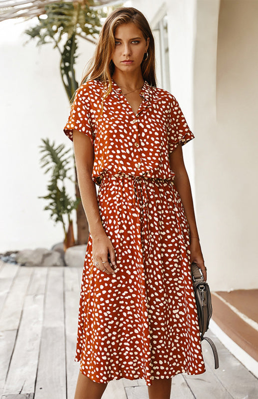 BerryBetty - Women's Polka Dot Short Sleeve Shirt Collar Dress