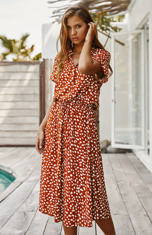 BerryBetty - Women's Polka Dot Short Sleeve Shirt Collar Dress