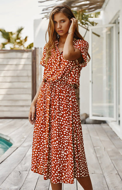 BerryBetty - Women's Polka Dot Short Sleeve Shirt Collar Dress