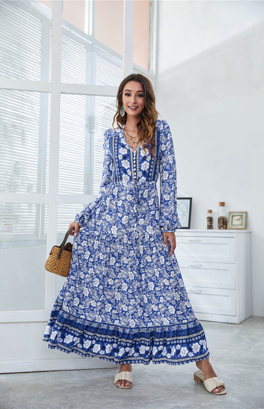 BerryBetty - Women's V-Neck Front Button Lantern Sleeve Floral Print Drawstring High Waist Maxi Dress