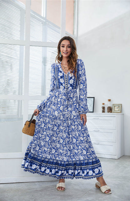 BerryBetty - Women's V-Neck Front Button Lantern Sleeve Floral Print Drawstring High Waist Maxi Dress