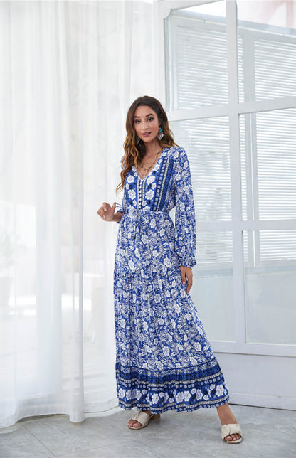 BerryBetty - Women's V-Neck Front Button Lantern Sleeve Floral Print Drawstring High Waist Maxi Dress