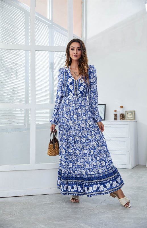 BerryBetty - Women's V-Neck Front Button Lantern Sleeve Floral Print Drawstring High Waist Maxi Dress