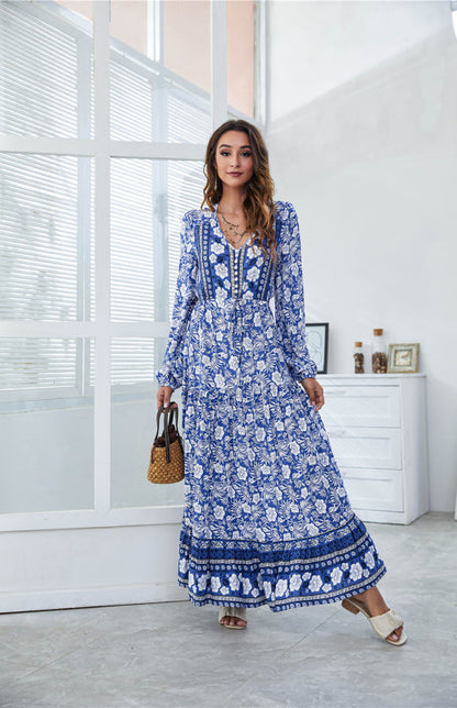 BerryBetty - Women's V-Neck Front Button Lantern Sleeve Floral Print Drawstring High Waist Maxi Dress
