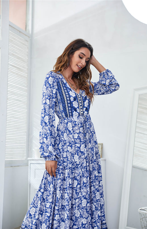 BerryBetty - Women's V-Neck Front Button Lantern Sleeve Floral Print Drawstring High Waist Maxi Dress