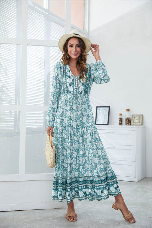 BerryBetty - Women's V-Neck Front Button Lantern Sleeve Floral Print Drawstring High Waist Maxi Dress