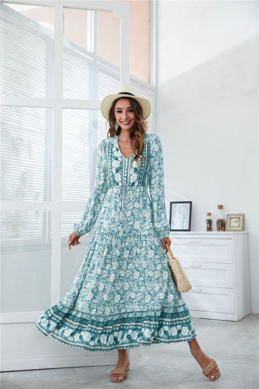 BerryBetty - Women's V-Neck Front Button Lantern Sleeve Floral Print Drawstring High Waist Maxi Dress