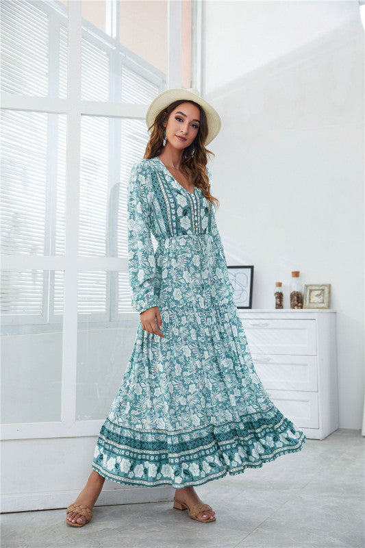 BerryBetty - Women's V-Neck Front Button Lantern Sleeve Floral Print Drawstring High Waist Maxi Dress
