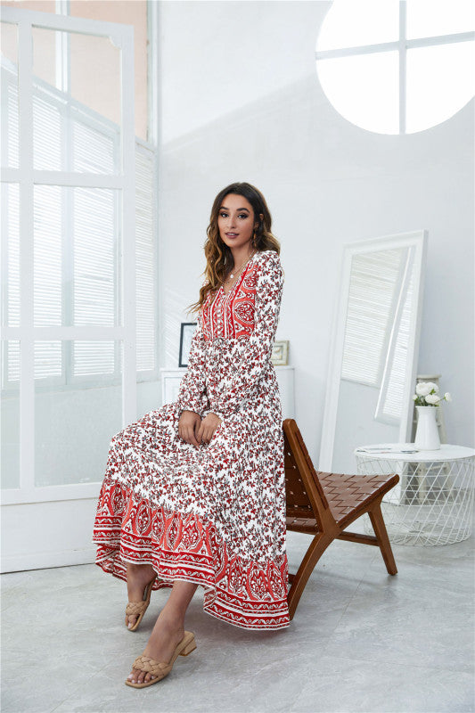 BerryBetty - Women's V-Neck Front Button Lantern Sleeve Floral Print Drawstring High Waist Maxi Dress