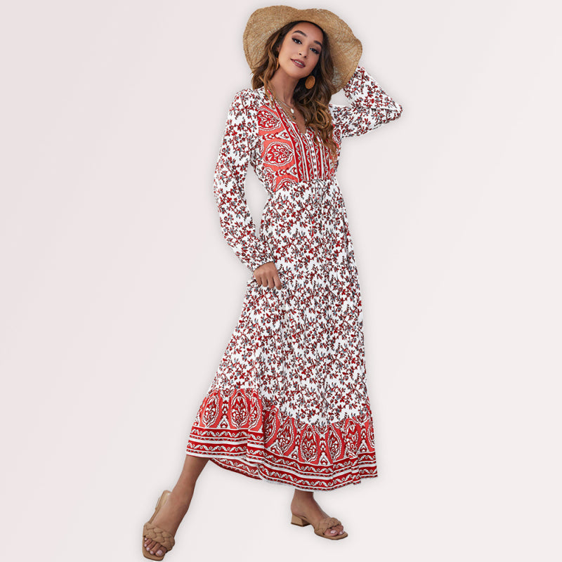 BerryBetty - Women's V-Neck Front Button Lantern Sleeve Floral Print Drawstring High Waist Maxi Dress