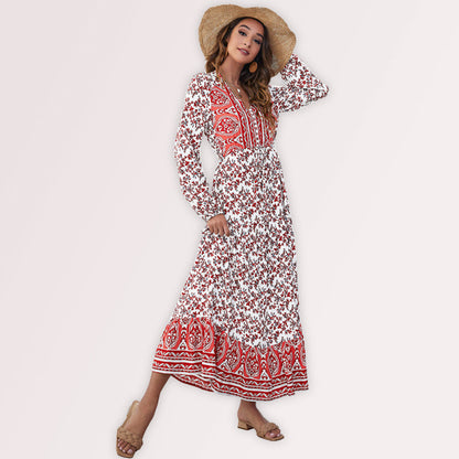 BerryBetty - Women's V-Neck Front Button Lantern Sleeve Floral Print Drawstring High Waist Maxi Dress