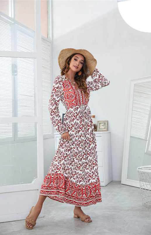 BerryBetty - Women's V-Neck Front Button Lantern Sleeve Floral Print Drawstring High Waist Maxi Dress