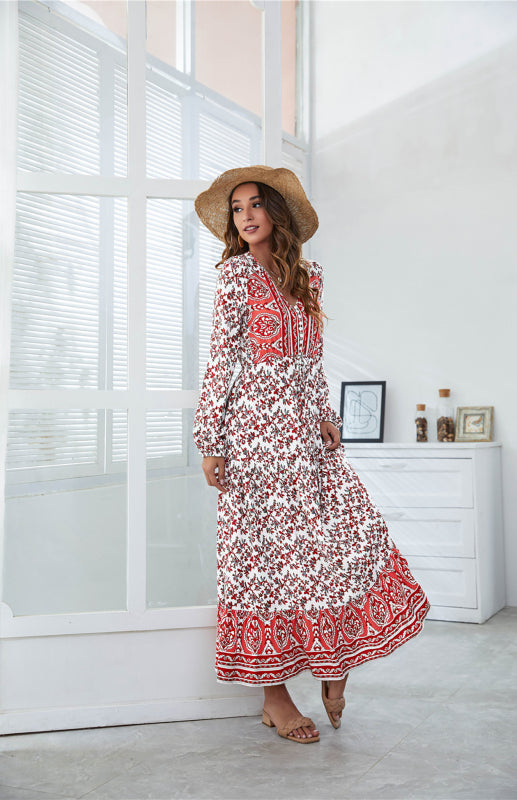 BerryBetty - Women's V-Neck Front Button Lantern Sleeve Floral Print Drawstring High Waist Maxi Dress