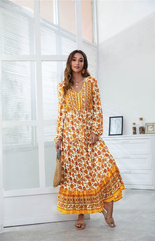 BerryBetty - Women's V-Neck Front Button Lantern Sleeve Floral Print Drawstring High Waist Maxi Dress