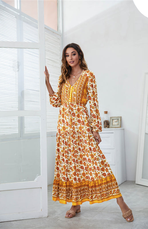 BerryBetty - Women's V-Neck Front Button Lantern Sleeve Floral Print Drawstring High Waist Maxi Dress