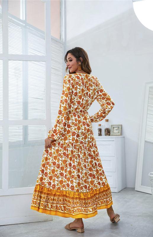 BerryBetty - Women's V-Neck Front Button Lantern Sleeve Floral Print Drawstring High Waist Maxi Dress