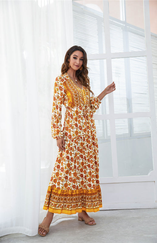 BerryBetty - Women's V-Neck Front Button Lantern Sleeve Floral Print Drawstring High Waist Maxi Dress
