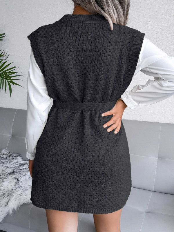 BerryBetty - Women's casual belt vest wool skirt knitted sweater dress