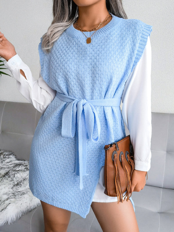 BerryBetty - Women's casual belt vest wool skirt knitted sweater dress
