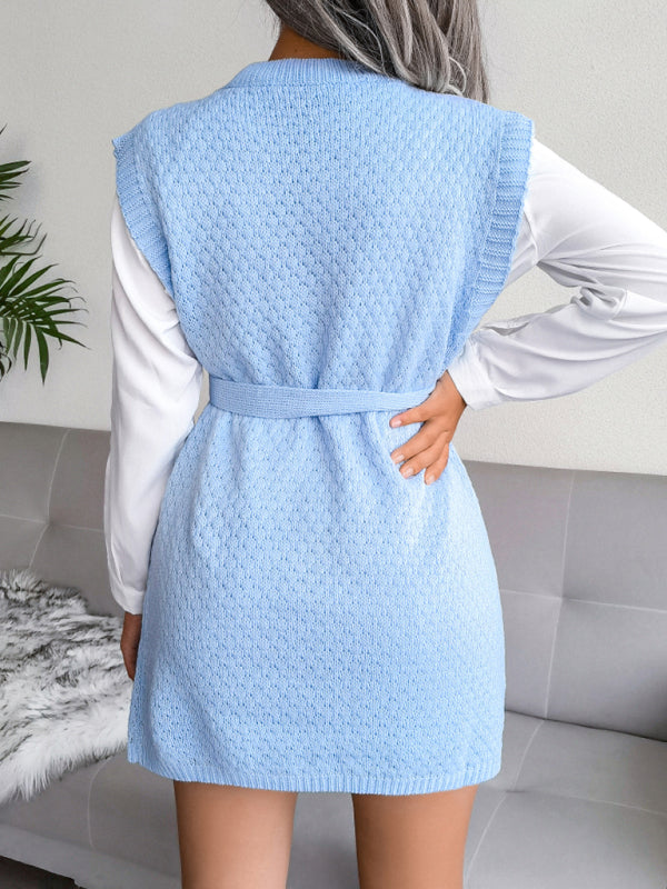 BerryBetty - Women's casual belt vest wool skirt knitted sweater dress