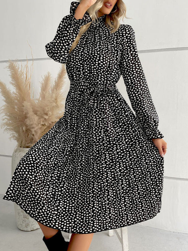 BerryBetty - Women鈥檚 High Collar Dotted Dress With Waist Tie
