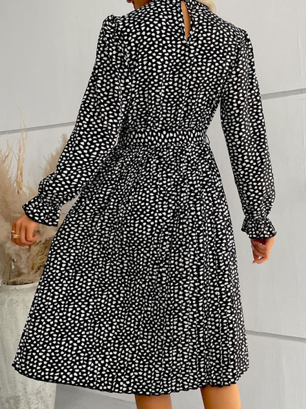 BerryBetty - Women鈥檚 High Collar Dotted Dress With Waist Tie