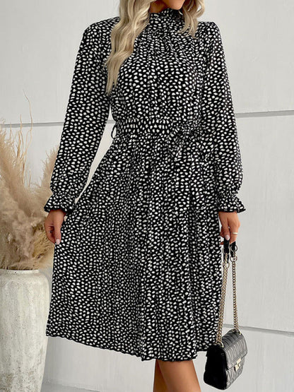 BerryBetty - Women鈥檚 High Collar Dotted Dress With Waist Tie
