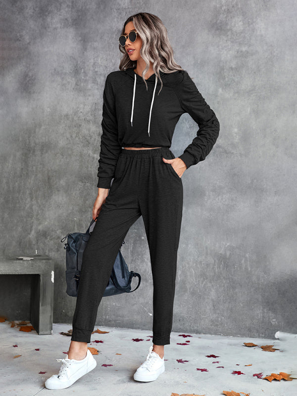 New solid color casual pleated hooded long-sleeved suit Black Activewear sets clothes