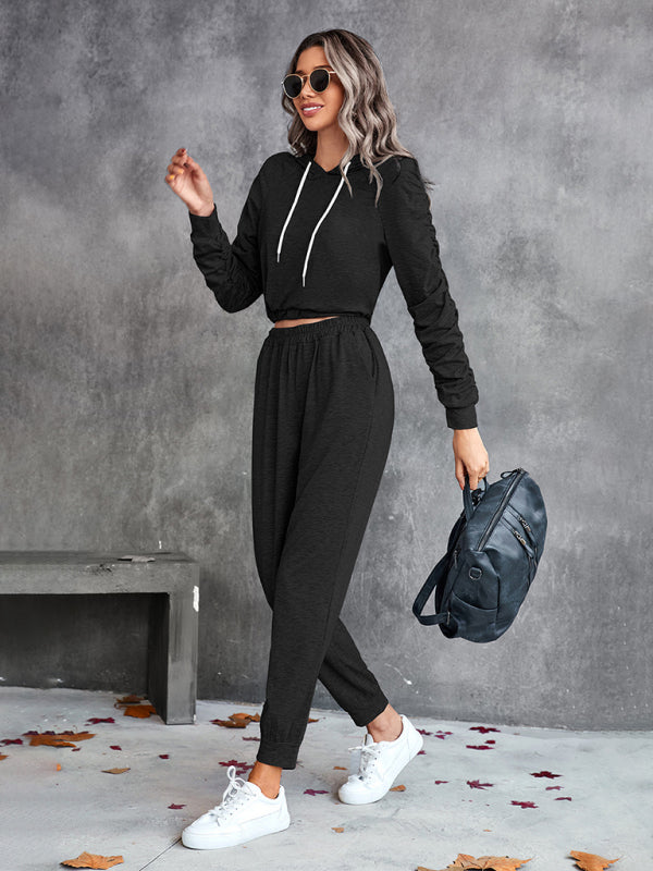 BerryBetty - New solid color casual pleated hooded long-sleeved suit