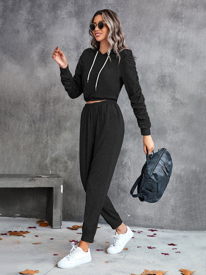 BerryBetty - New solid color casual pleated hooded long-sleeved suit