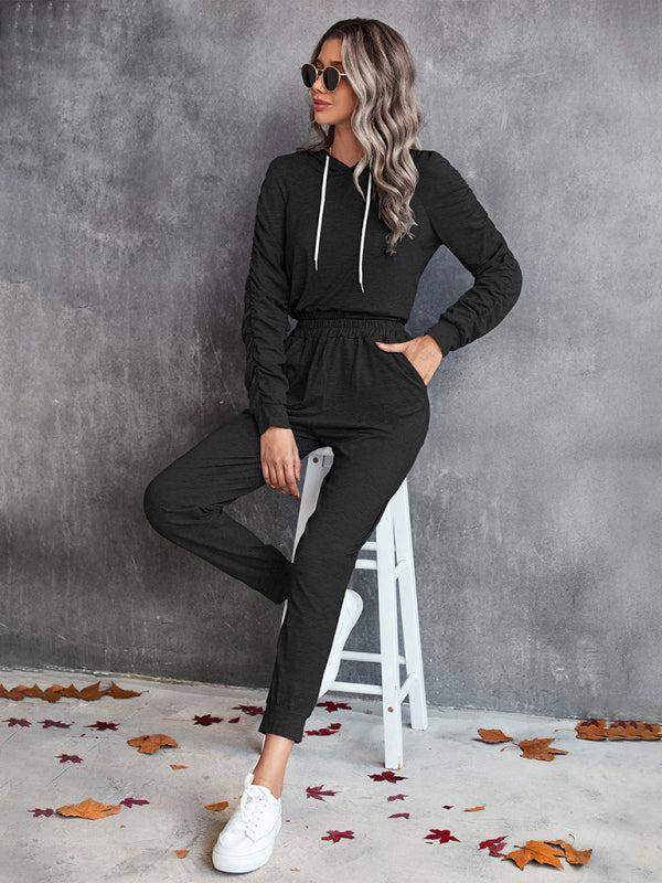BerryBetty - New solid color casual pleated hooded long-sleeved suit