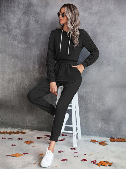 BerryBetty - New solid color casual pleated hooded long-sleeved suit