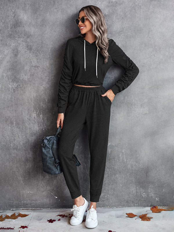 BerryBetty - New solid color casual pleated hooded long-sleeved suit