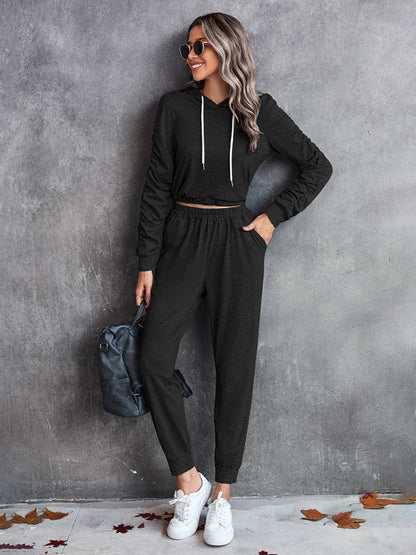 BerryBetty - New solid color casual pleated hooded long-sleeved suit