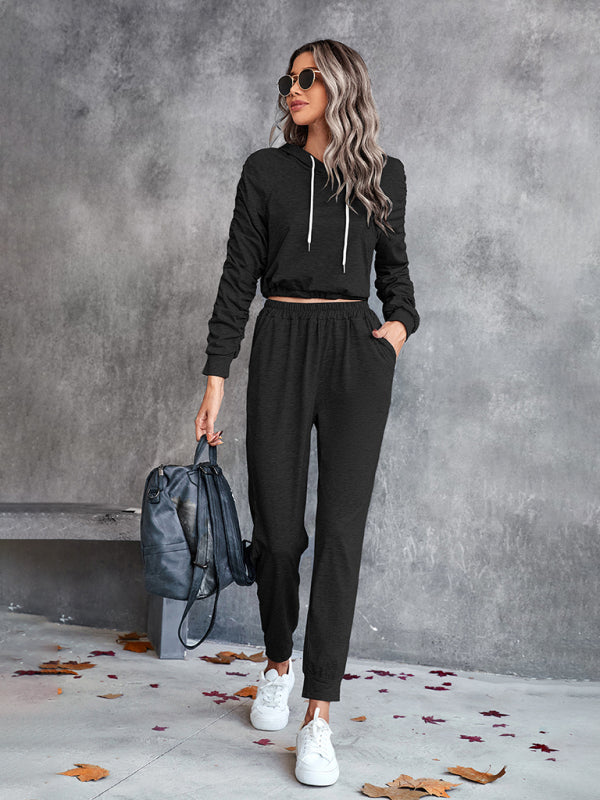 BerryBetty - New solid color casual pleated hooded long-sleeved suit