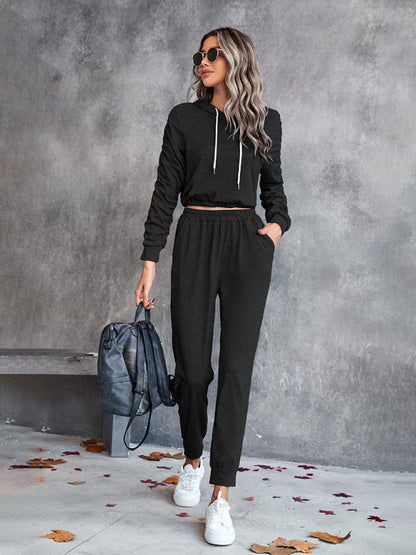 BerryBetty - New solid color casual pleated hooded long-sleeved suit