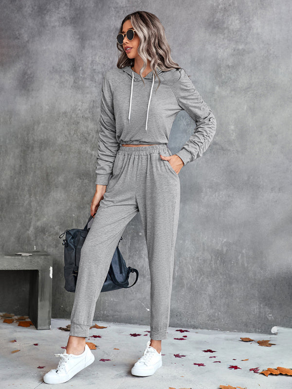 BerryBetty - New solid color casual pleated hooded long-sleeved suit