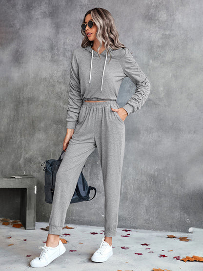 BerryBetty - New solid color casual pleated hooded long-sleeved suit