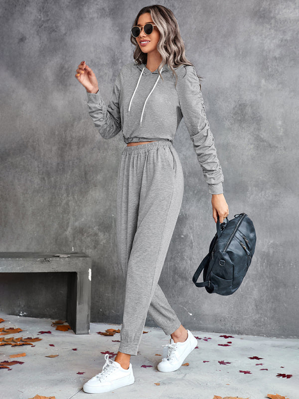 BerryBetty - New solid color casual pleated hooded long-sleeved suit