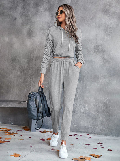 BerryBetty - New solid color casual pleated hooded long-sleeved suit