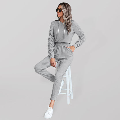 New solid color casual pleated hooded long-sleeved suit Grey Activewear sets clothes