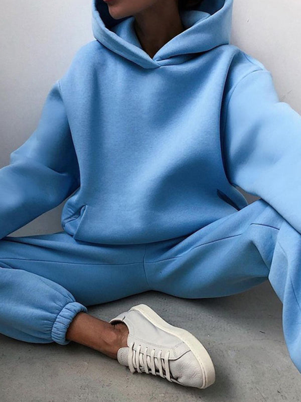 Women's solid color casual fashion trousers thickened long-sleeved hooded set Blue Activewear sets clothes lounge wear loungewear