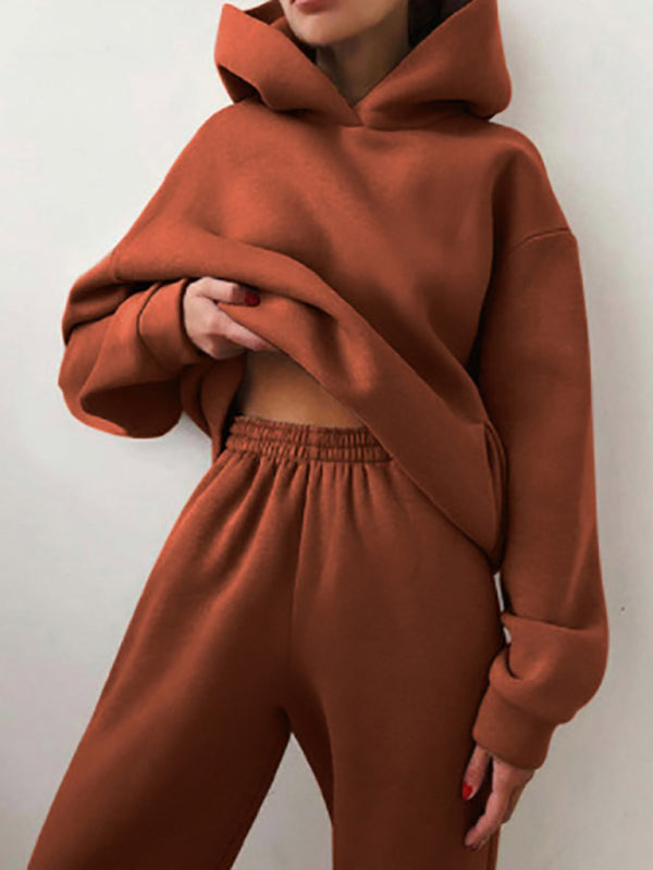 Women's solid color casual fashion trousers thickened long-sleeved hooded set Brown Activewear sets clothes lounge wear loungewear