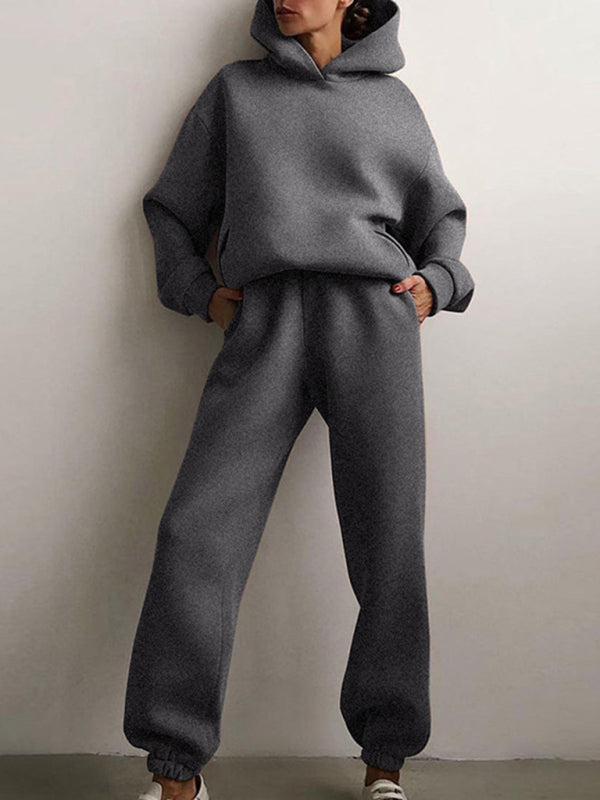 Women's solid color casual fashion trousers thickened long-sleeved hooded set Grey Activewear sets clothes lounge wear loungewear