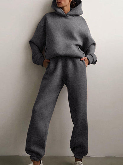 Women's solid color casual fashion trousers thickened long-sleeved hooded set Grey Activewear sets clothes lounge wear loungewear
