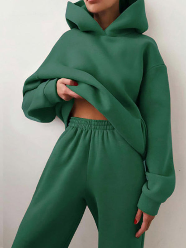 Women's solid color casual fashion trousers thickened long-sleeved hooded set Green Activewear sets clothes lounge wear loungewear