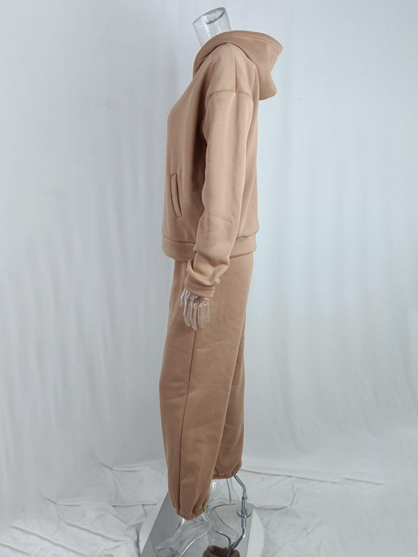 BerryBetty - Women's solid color casual fashion trousers thickened long-sleeved hooded  set
